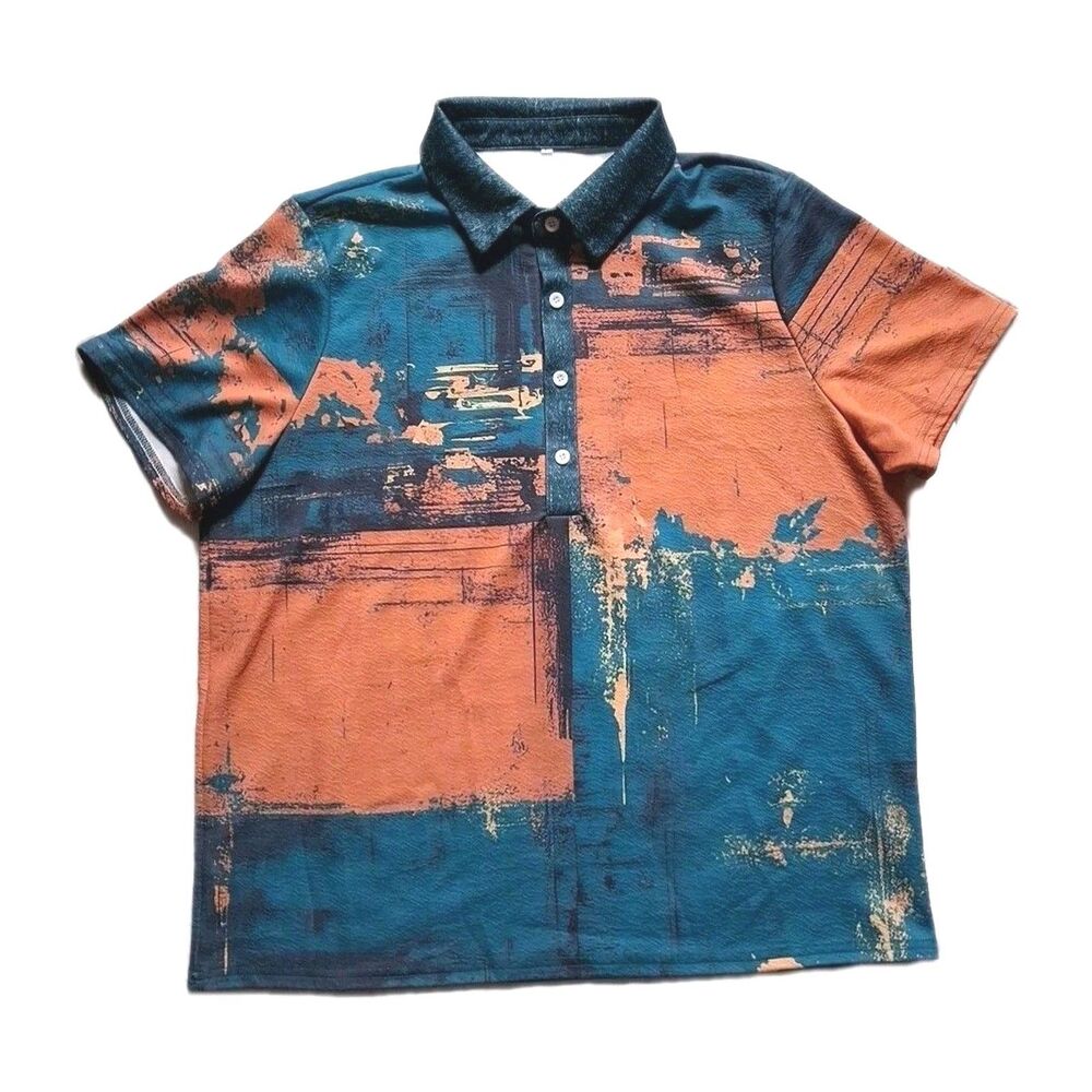 Mens Abstract Print Polo Shirt L Teal Orange Short Sleeve Casual Top